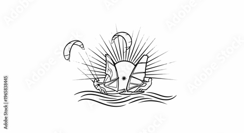 Sunburst graphic with two windsurfers and two kitesurfers on wavy water