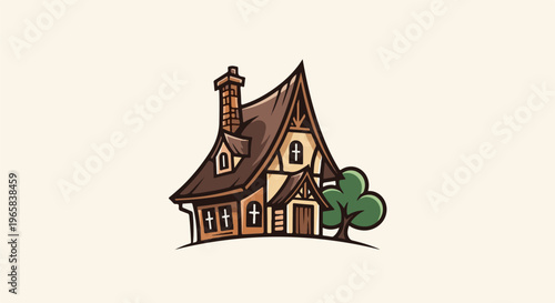 Cartoon Tudor-style house with a tree and chimney