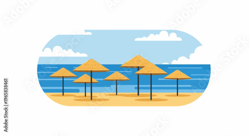 Sunny beach with straw umbrellas, blue ocean and sky