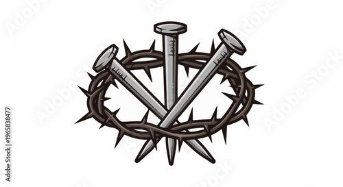 Three sharp nails crossed over a thorny crown on a white background
