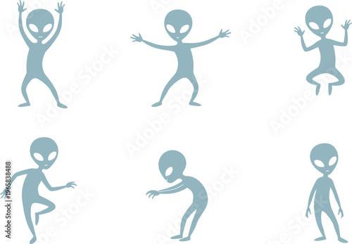Collection of six grey alien silhouettes in various funny poses and expressive gestures vector illustration isolated on white background for sci-fi space design