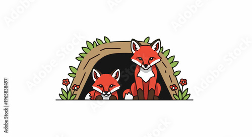 Two charming foxes peeking from a den surrounded by greenery and flowers