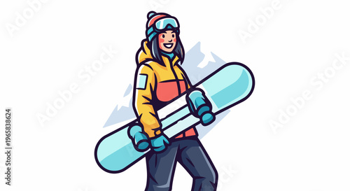 Cheerful cartoon woman in winter gear holding a snowboard, mountains behind her