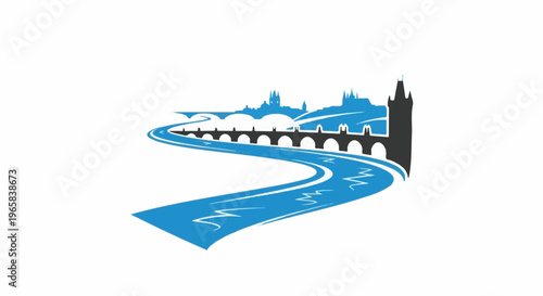 Winding river flows through a city with gothic architecture and bridges