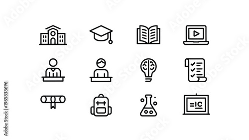 A collection of linear icons representing various aspects of education and learning environments high quality