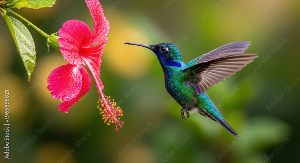 Fototapeta premium A brilliant male hummingbird hovers in front of a vibrant red hibiscus flower. The bird’s iridescent green and blue plumage shimmers in the sunlight.