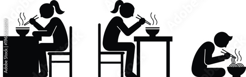 Black stick figure silhouette set of people eating hot noodles with chopsticks at a table and on the floor isolated on white background