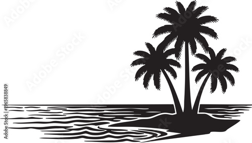 Black silhouette of three palm trees on a small island with wavy water