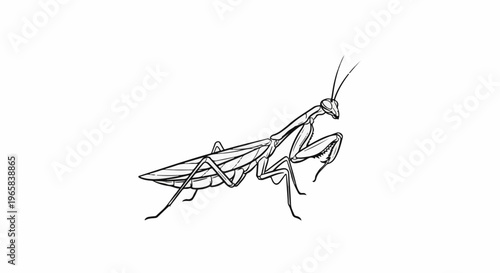 Detailed line art illustration of a praying mantis in profile, standing on legs