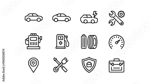 A collection of black and white line icons representing automotive services parts and vehicle tools