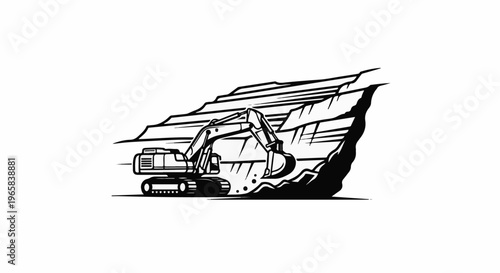 Excavator digging into a layered rock formation in a monochrome graphic
