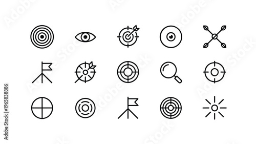 A collection of black line art icons representing targets eyes flags and various circular designs