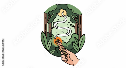 Hand holding incense stick in forest with sun and smoke
