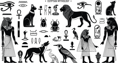 Egyptian mythology symbols set, ancient Egypt gods hieroglyphs Eye of Horus Ankh scarab lion ibis jackal vector illustration isolated black elements collection