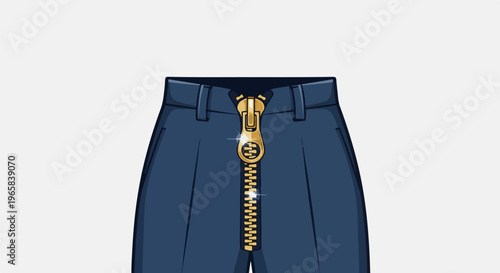 Close-up view of a partially zipped pair of dark blue denim pants with a shiny gold zipper