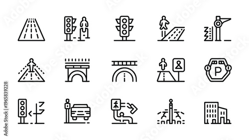 A collection of minimalist line art icons depicting various urban infrastructure and pedestrian elements