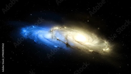 Stunning video showcasing two galaxies in deep space with one glowing brightly and the other displaying a bluish hue against the black universe backdrop