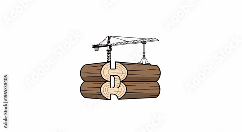 Crane lifting logs to build a structure of stacked wooden logs