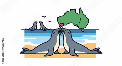 Cute seals on beach with Australia map and heart