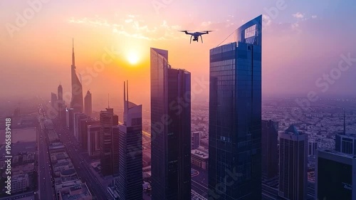 Drone captures a city skyline at sunset. Modern architecture rises into a gradient sky, with a drone suspended