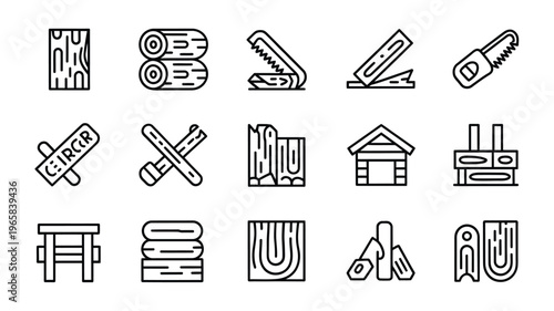 A collection of black and white line art icons depicting wood tools and building elements