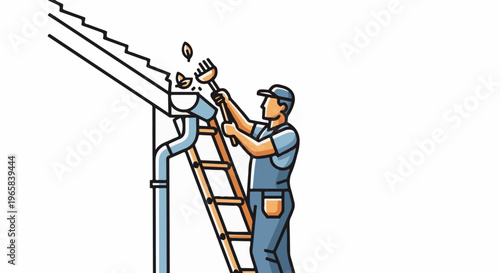 Person cleaning leaves from a gutter on a ladder