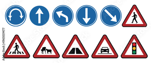 traffic sign icon set, blue mandatory circle and red warning triangle symbols, road safety direction and hazard information collection, transport regulation icons, simple modern vector illustration se