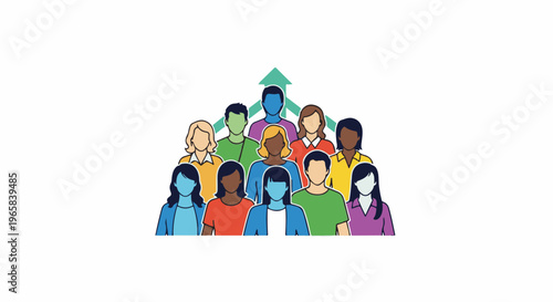 Diverse group of people with an upward trending arrow