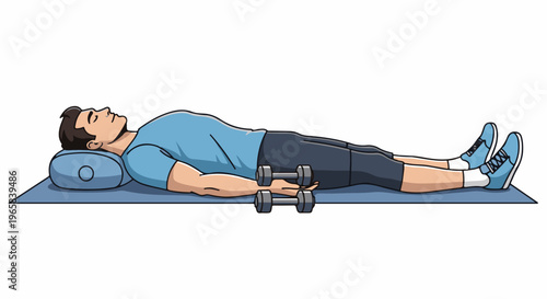 Person lying on mat with dumbbells, ready for exercise