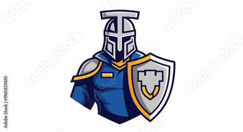 Fierce warrior in blue armor with helmet and shield
