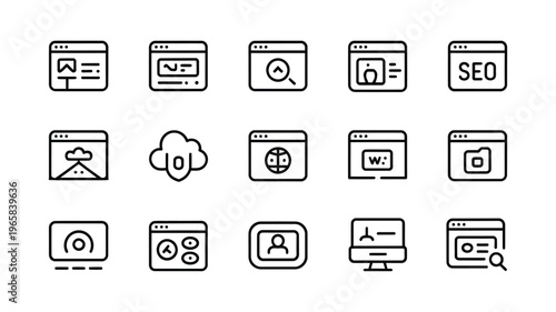 A collection of simple black line icons representing various website and internet related concepts