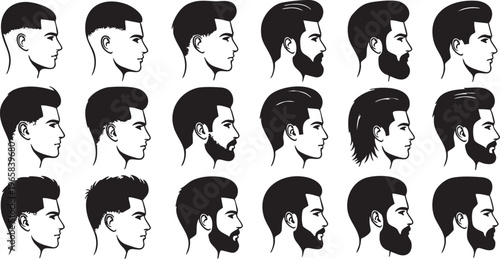 Black and white of men's hairstyles and beards side profiles haircuts