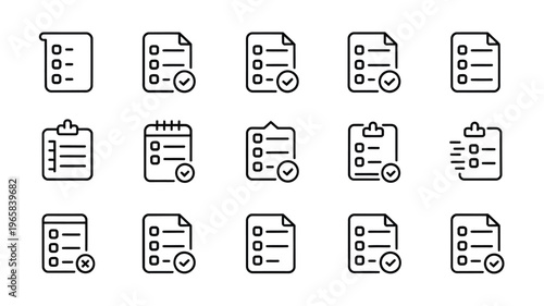 A collection of linear icons depicting checklists notes to do lists and calendar items