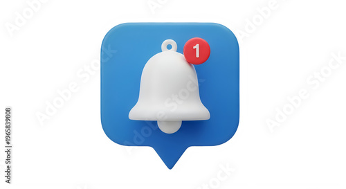 3D notification bell icon with red alert badge on blue speech bubble graphic design