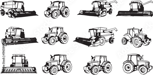 Black and white of various tractors and harvesting machines agricultural vehicles farm equipment