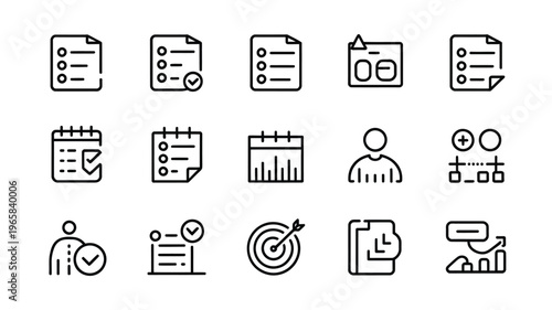 A collection of minimalist black line icons representing tasks schedules goals and project management elements