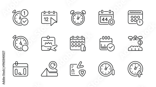 Collection of time management and scheduling icons depicting clocks calendars and reminders high quality professional