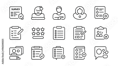 A collection of linear icons representing surveys feedback ratings and various forms of data collection