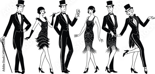 Vintage black and white illustration of elegant men in tuxedos and flapper women in 1920s Great Gatsby style party outfits on white background