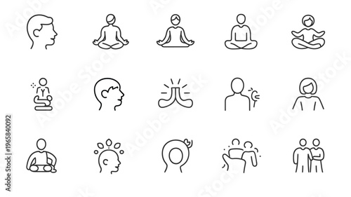 A collection of minimalistic line icons depicting meditation mindfulness and mental wellbeing concepts high quality