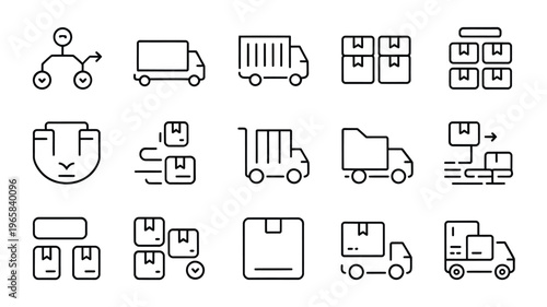 A collection of black line icons representing logistics delivery and package handling services high quality
