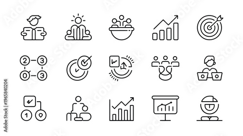A collection of linear icons representing business growth strategy and successful project management high quality