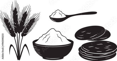 Black and white of wheat flour and bread pancakes spoon