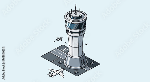 Isometric pixel art of an airport control tower with planes on tarmac