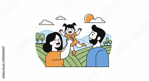 Joyful family playing outdoors with sun and clouds in the background