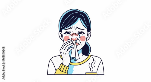 Illustration of a distressed woman wiping her runny nose with a tissue
