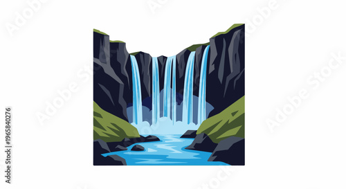 Jagged cliffs create a powerful cascade into a serene blue river