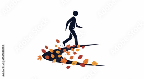 Silhouette of a person walking on a path scattered with autumn leaves