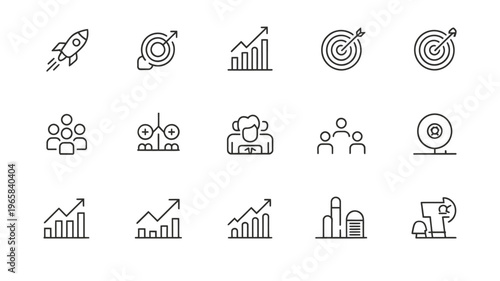 A collection of linear icons representing business growth targets teamwork and data analysis high quality