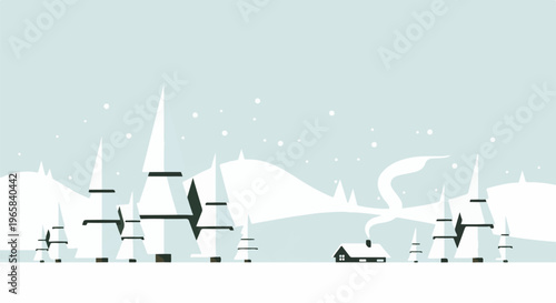 Minimalist winter landscape with snow-covered trees, hills, and a tiny house